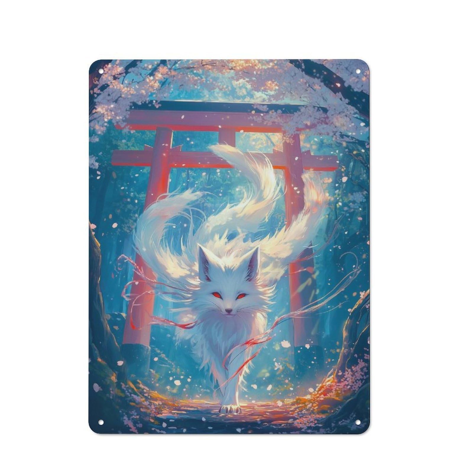 Junmoney White Kitsune Fox Spirit Tin Wall Plaque 40X30cm With For Hobby Room Or Studio, For Home Interiors, Feature Walls And Decorative Displays