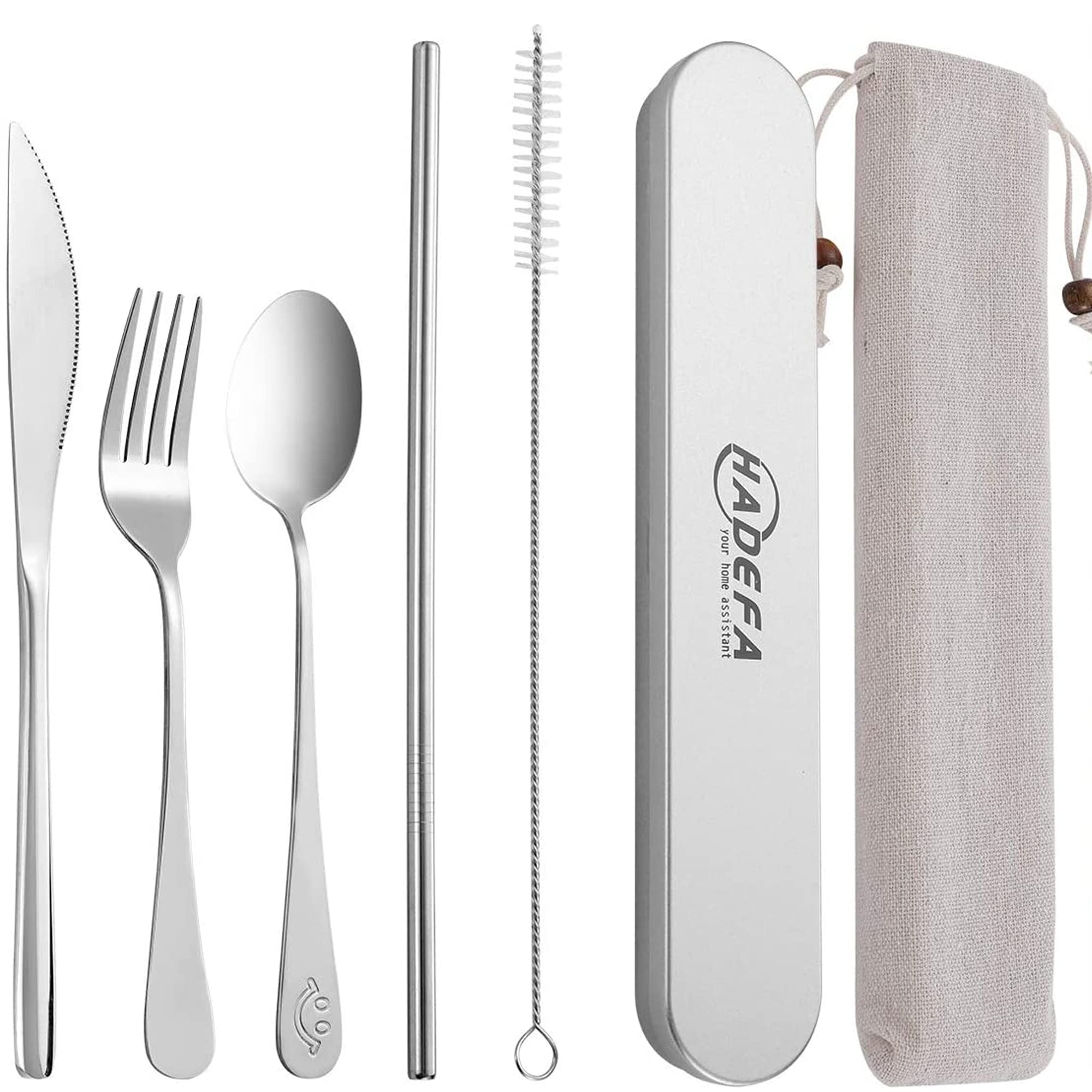 7 in 1 Portable Utensils with Stainless Steel Case for Travel/Camping/Office/School, Reusable Eco-friendly Utensils Silverware Set with Knife/Fork/Spoon/Cleaning Brush/Straws