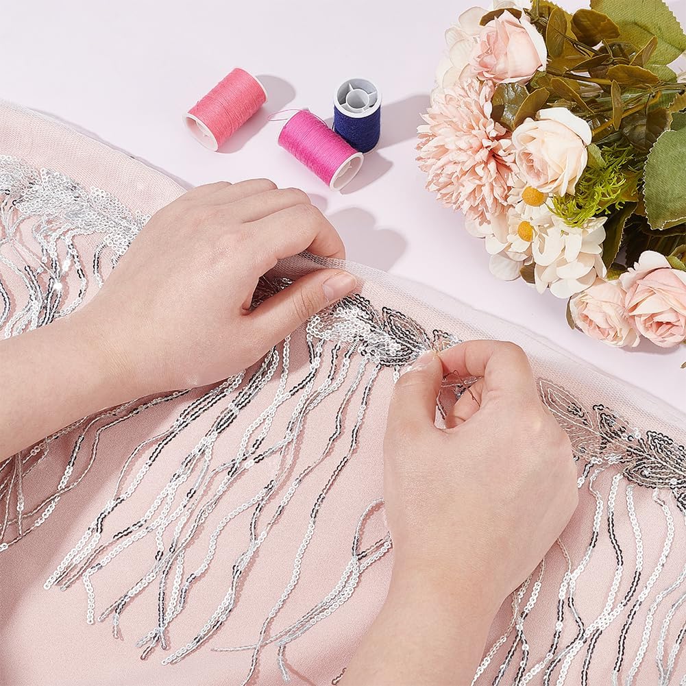 MAYJOYDIY 10 Yards Silver Sequin Sewing Fringe Trim 13inch Wide Leaf Shape Embellishment Sparkling Sequins Lace Tassel Fringe Trim for Latin Dance Stage Costume Dress Sewing Crafts Party Decors