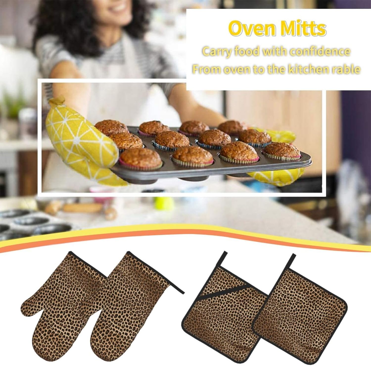 (Wild Leopard Animal) Baking 4-Piece Set: 2 Oven Mitts and 2 Pot Holders Heat Resistant Waterproof Hanging Loop for Kitchen Oven Grill Housewarming Gifts