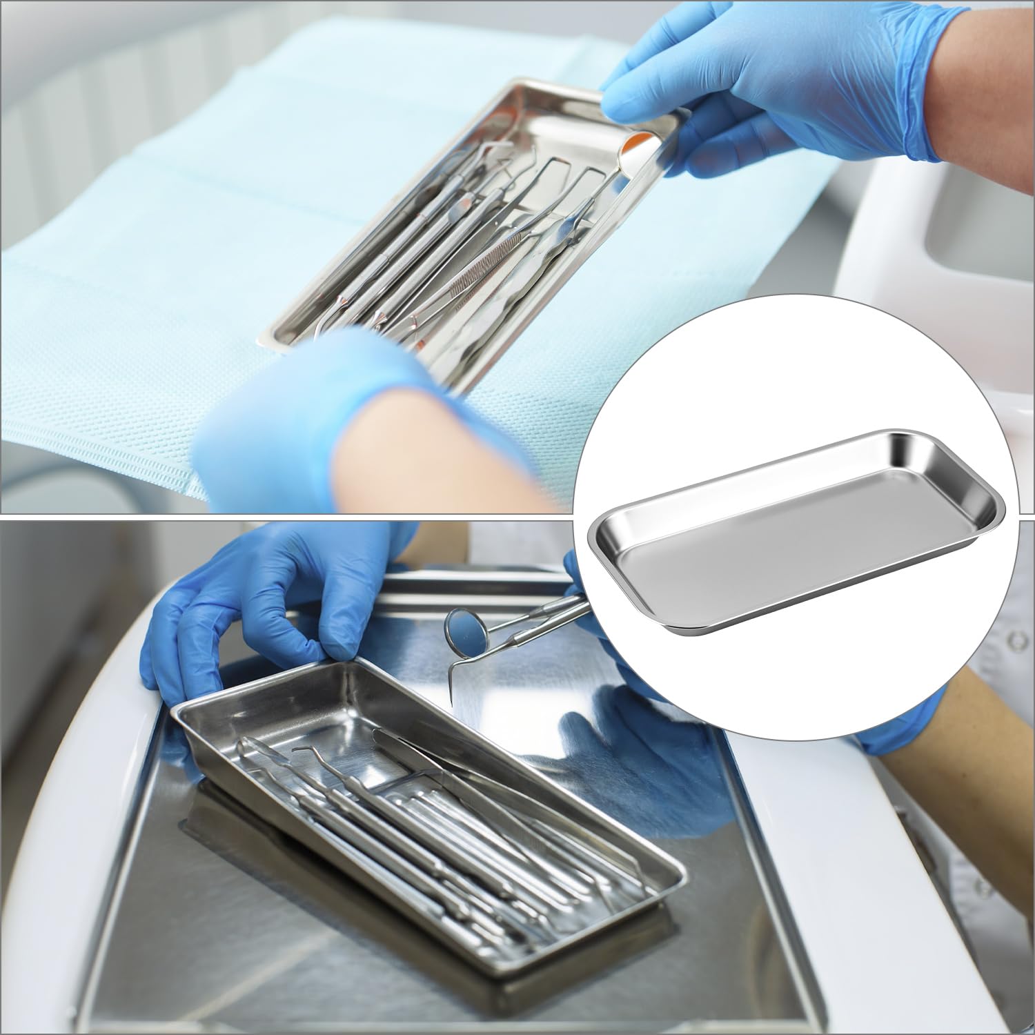 QWORK Lab Instrument Tools, 3 Pack Stainless Steel Lab Science Supplies Tray, Salon Tool Organizer Trays, 8.6" x 4.3" x 0.8"