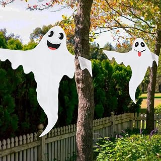 59" 47" Large Halloween Tree Wrap Ghost Hanging Decorations Ghost Windsocks Hanging Decorations Halloween Outdoor Decor for Home Patio Yard Lawn Tree Decor Ghost Party Supplies (2 Pcs)