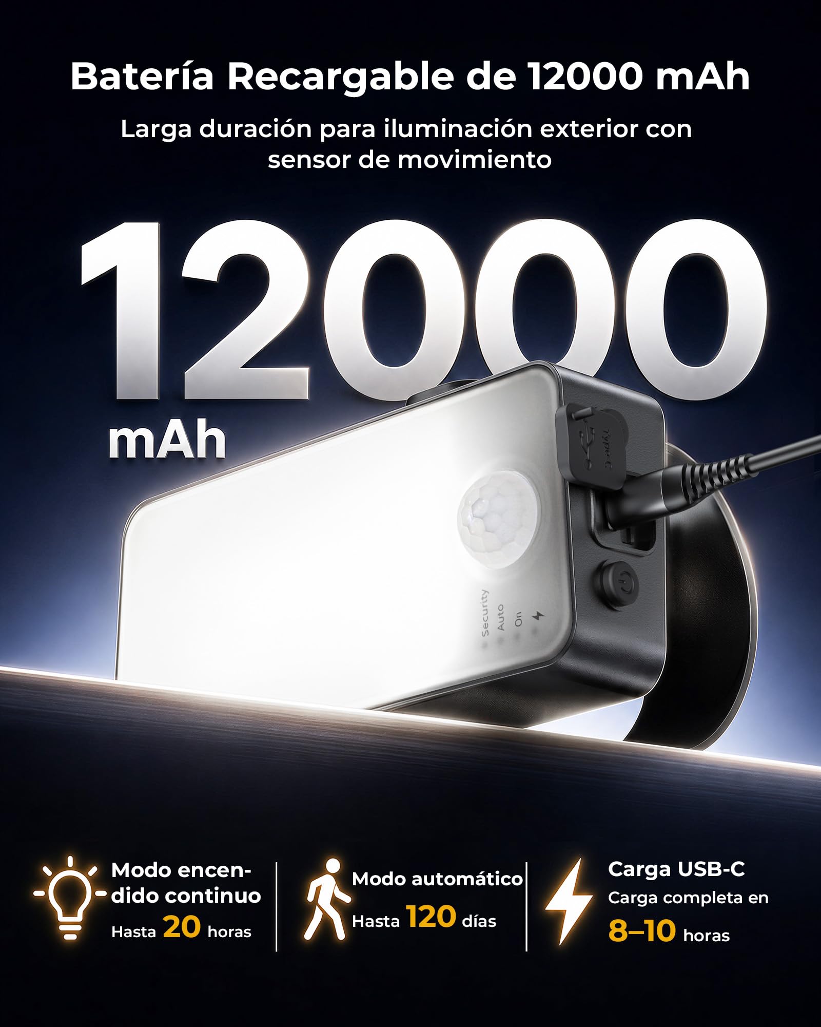 2 Piezas Luz LED Exterior con Sensor de Movimiento 12000mAh, Aplique Pared Recargable Exterior Interior con Control Remoto, 3 Tonos, Regulable, Lámpara Seguridad Impermeable IP65 para Jardín, Trastero