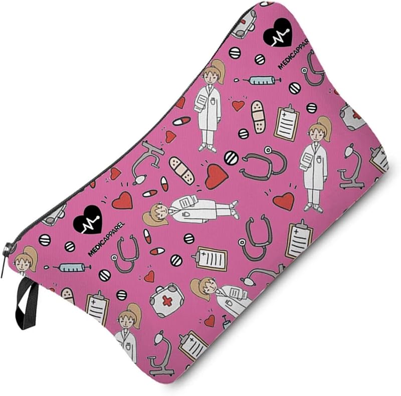 Livel lhood Necessaire Rosa com Estampa de Enfermeira e Médico, Fechamento com Zíper