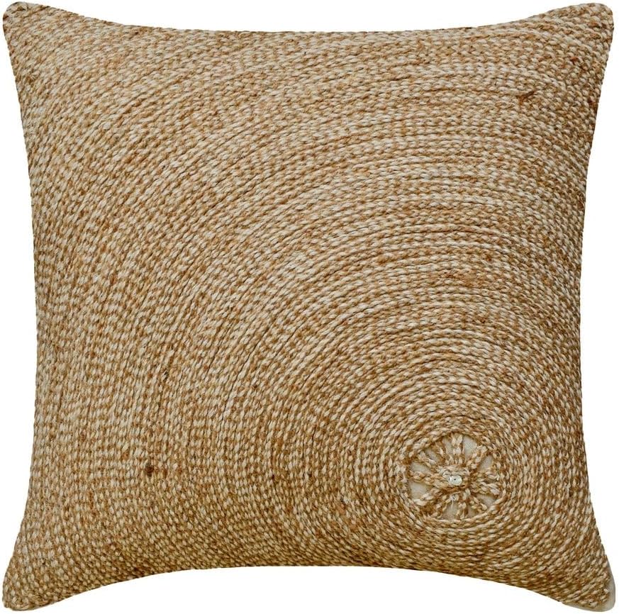 The HomeCentric Throw Pillow Cover, Ecru Zippered Pillow Covers 16x16 inch (40x40 cm) Linen Throw Pillows for Couch, Circles & Dots, Jute Cord, Embroidery, Contemporary Designer - Back to Earth