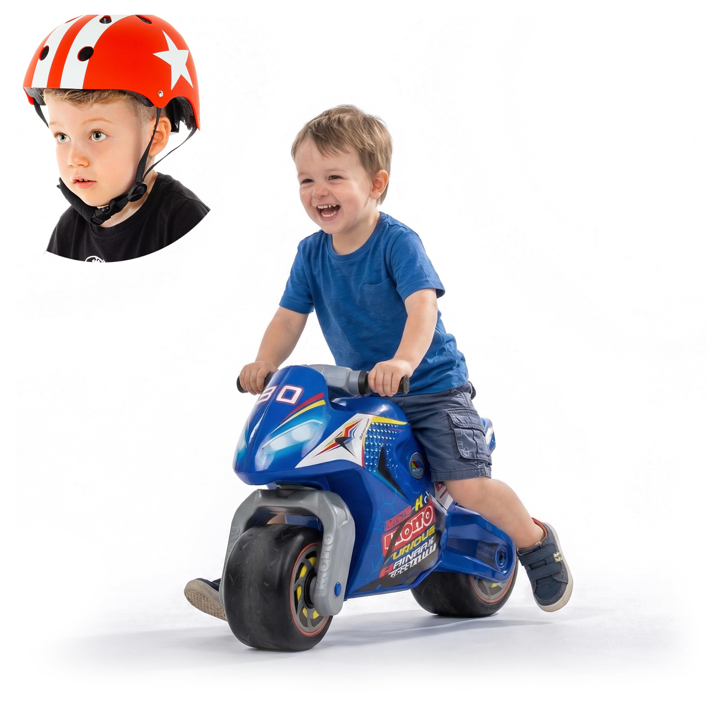 MOLTO - Moto à pédales Bleue de Course + Casque, Design de Course pour garçons et Filles, légère, Stable et Confortable, Jouet sûr pour l'intérieur et l'extérieur, à partir de 18 Mois