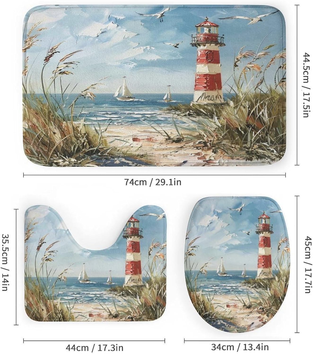 4Pcs Vintage Lighthouse Shower Curtain Set with Toilet Lid Cover U-Shaped Mat and Non-Slip Rugs, Coast Seagull Sailboat Plant Shower Curtain Bathroom Decor Set, 72" X 72"