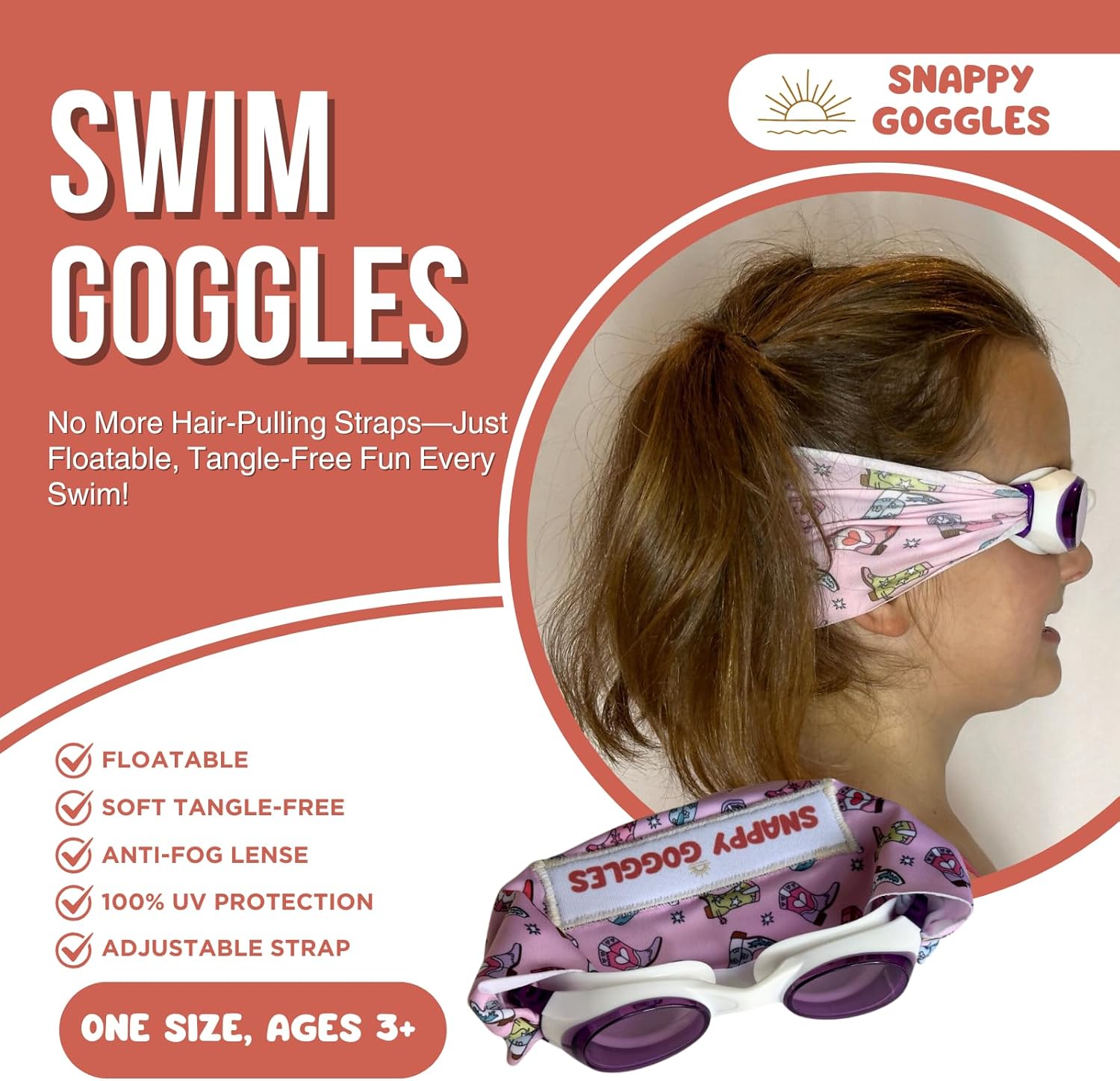 Kids Swim Goggles Ages 3+ | Floatable Strap, Tangle-Free Fabric Band, Anti-Fog Lenses Swim Lessons, Beach, Pool Fun– Purple