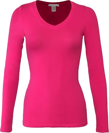 Bozzolo Womens RT1201 Basic V-Neck Long Sleeve T Shirt Top D.Fuchsia S
