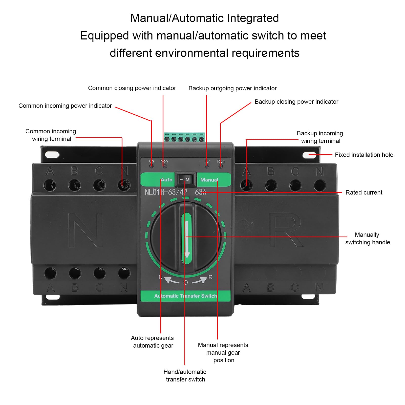 Jiawu Automatyczny Ręczny Przełącznik Zasilania ATS Dual Power 4P 63A do Produkcji Maszynowej, Srebrny, Model NLQ1H-63/4P