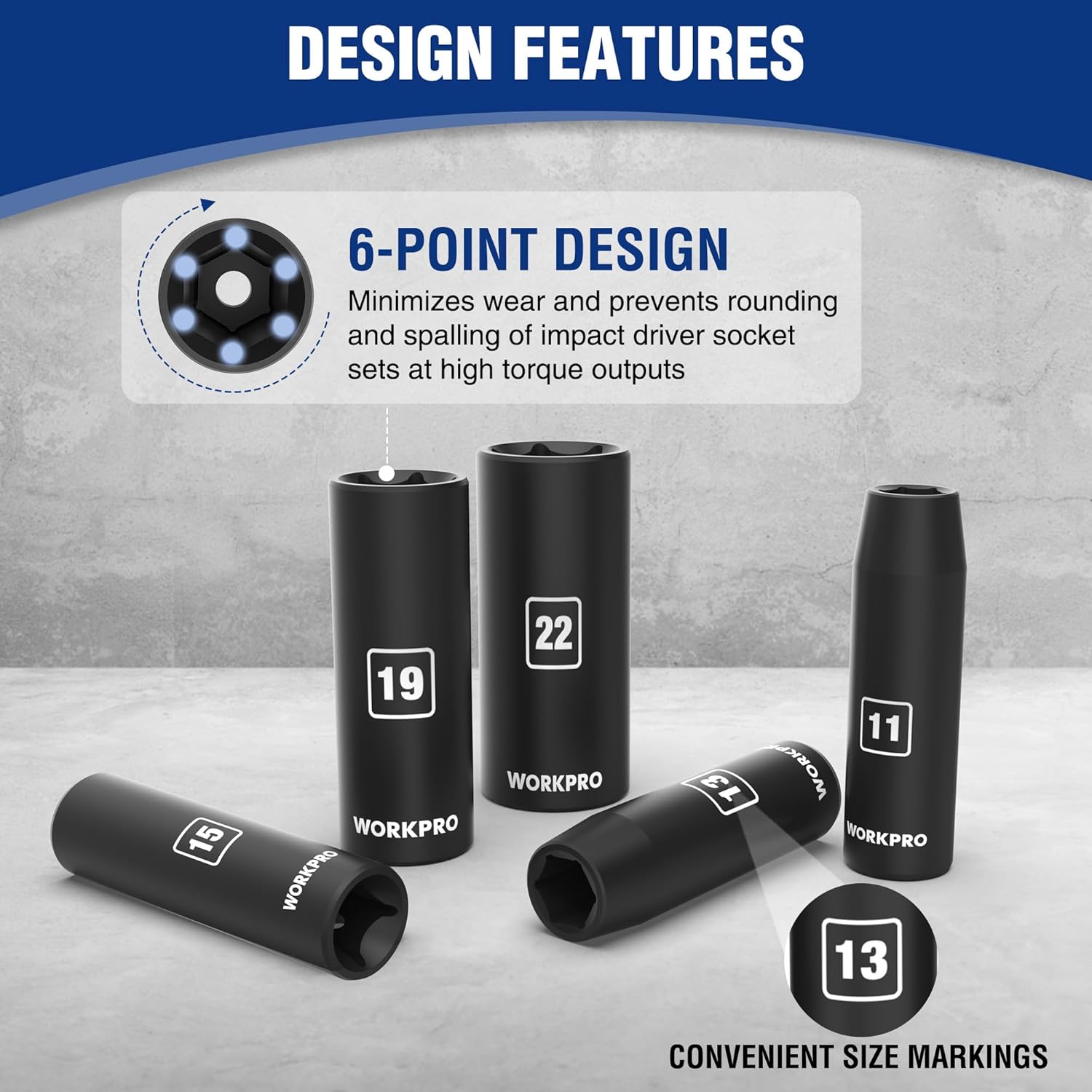 WORKPRO 14-Piece 1/2＂ Drive Deep Impact Socket Set, 6-Point Impact Deep Socket Set with Heavy Duty Storage Case for Automotive and Mechanical Repairs, 10mm-27mm, Cr-V Steel, Metric