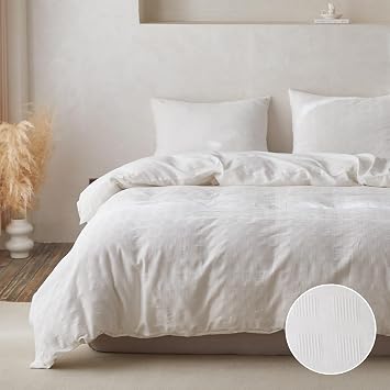 BISELINA 100% Cotton Duvet Cover Set Waffle Weave 3PCS 1 Comforter Cover, 2 Pillow Shams Reversible Soft Skin-Friendly Breathable Shabby Chic Bedding for All Season - White, Queen Size