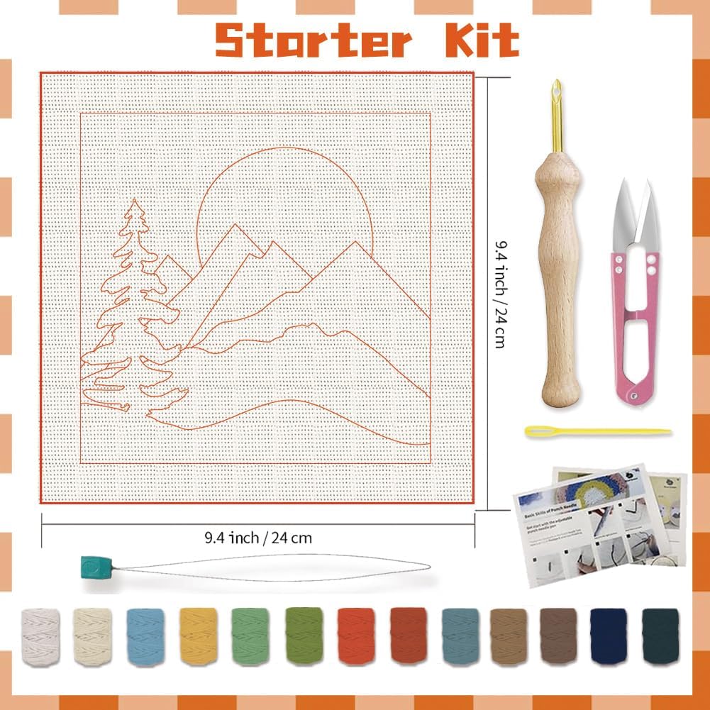 BEUNITONE 2 Sets Camping Punch Needle Kit for Beginners Scenery Theme Punch Embroidery Kits with Frame Instructions Embroidery Starter Kits with Art Night Pattern for Wall Painting 9.4'' x 9.4''