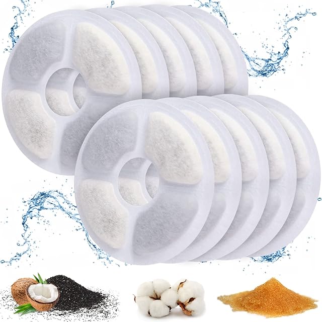 ADOV Cat Water Fountain Filters, Round Replacement Cat Fountain Filters with Ion Exchange Resin, Active Carbon Compatible with Automatic Flower Fountains Pet Drinking Dispenser for Dogs Cats (10 Pcs)