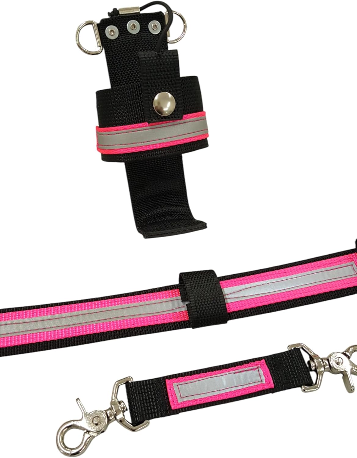 Firefighter 1.5 inch wide Nylon Reflective Two-Way Radio Strap Combo Set Black/Pink/Silver Adjustable