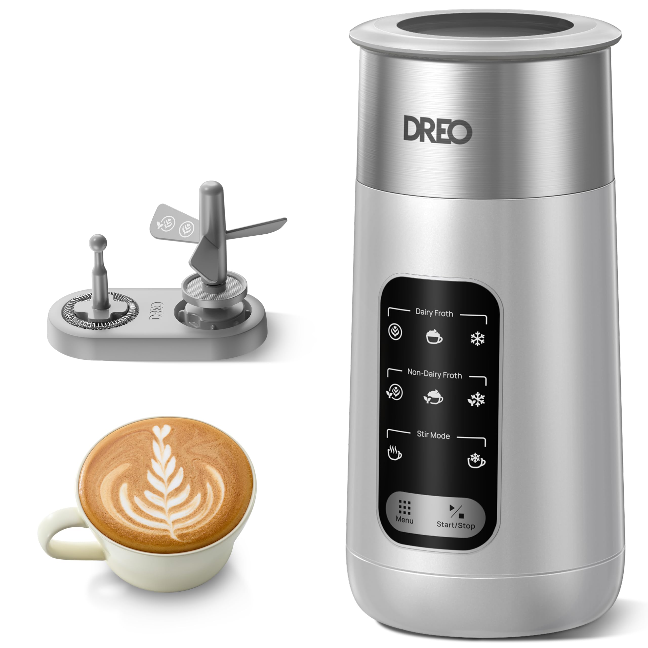 Dreo Silver Milk Frother, 8-In-1 Electric Milk Frother, 270Ml Silent Milk Steamer & Hot Chocolate Maker, 45 Db Stainless Steel Automatic Foam Frother For Latte Art-Level Microfoam, Easy To Clean, Grey