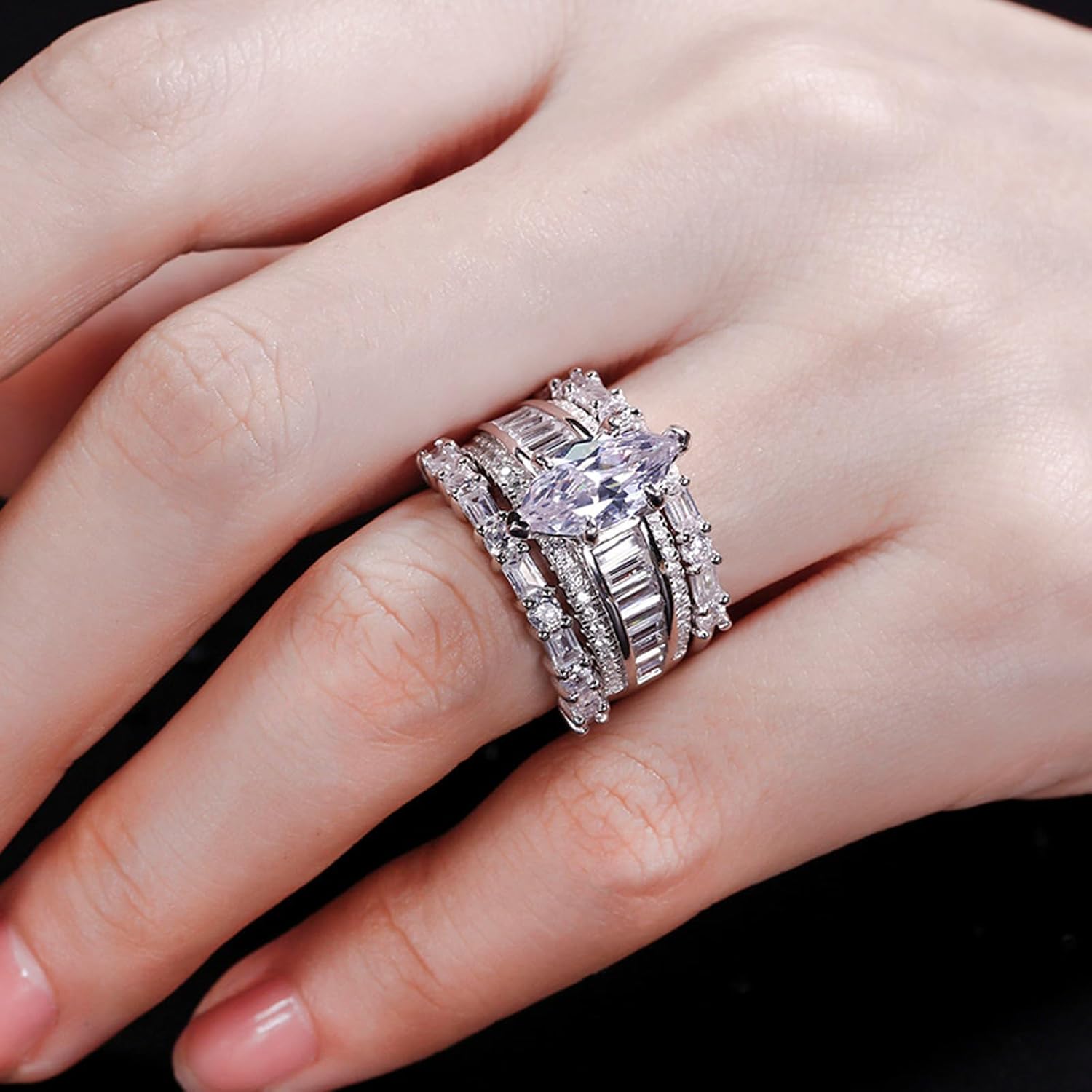 Jeulia 2 Carat 3PC Wedding Ring Set for Women 14K Gold Plated Marquise Cut CZ Engagement Rings Sterling Silver Bridal Set Anniversary Promise Rings for Her with Jewelry Box - Image 4