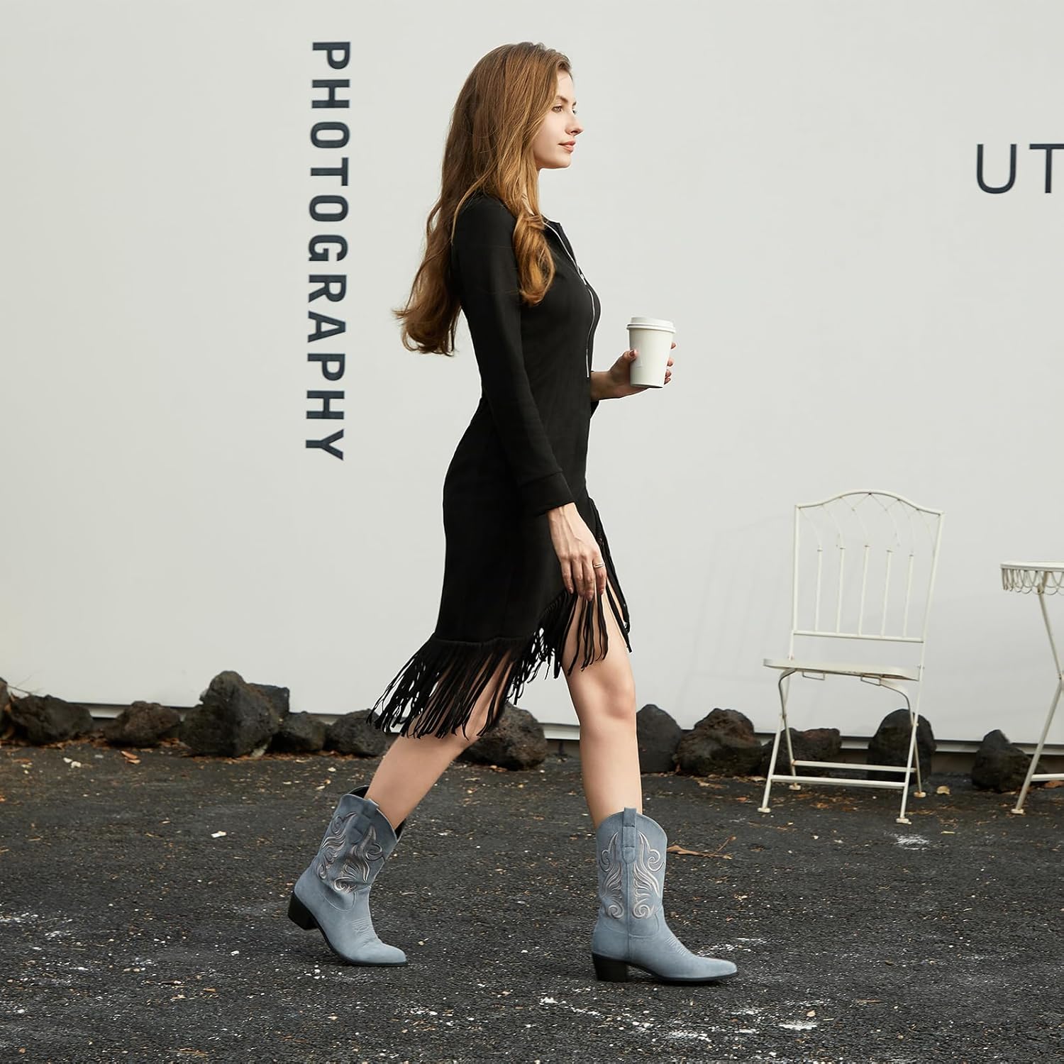 Cowboy Boots for Women, Mid Calf Cowgirl Boots with Suede Embroidery, Pointed Toe Chunky Low Heeled Pull On Western Boots