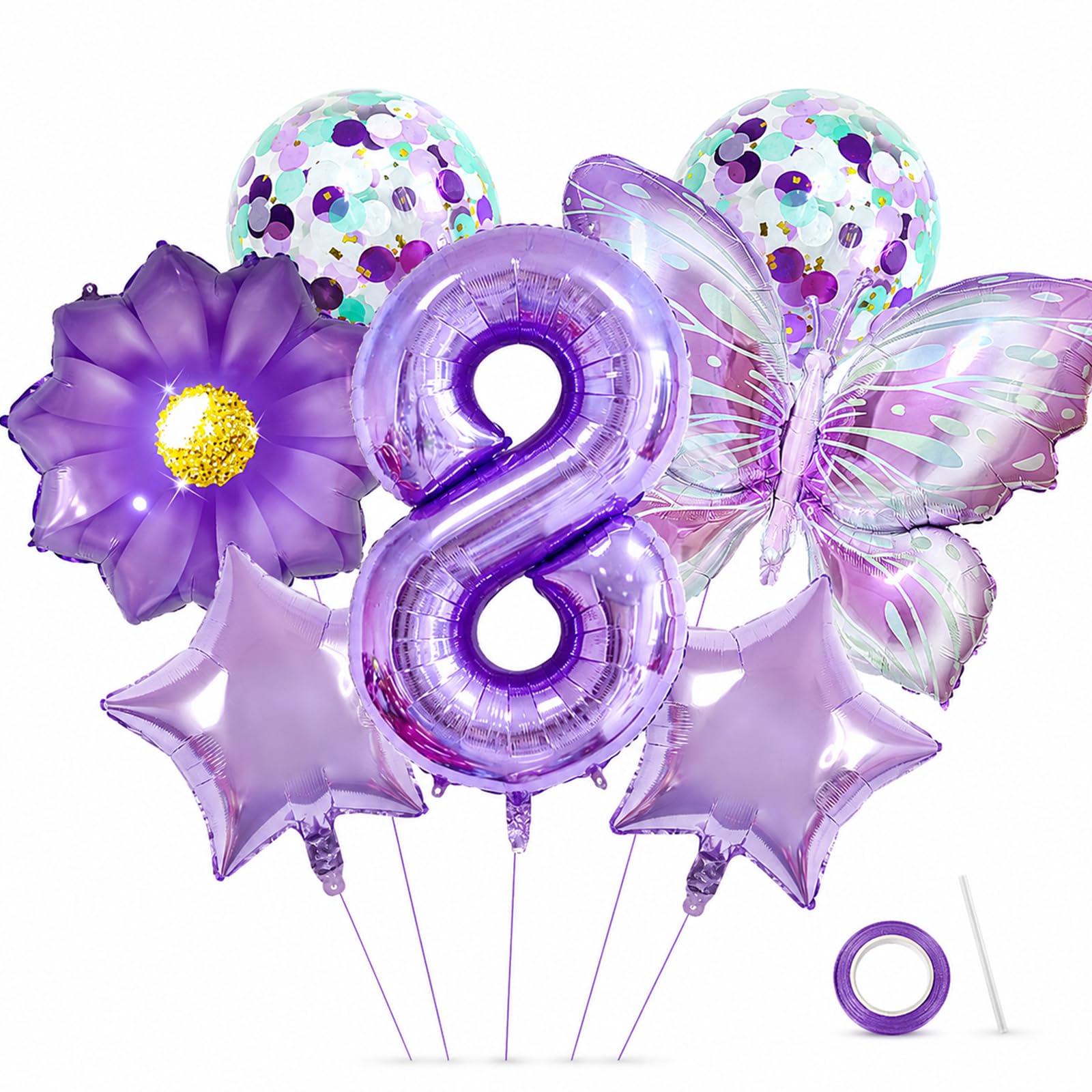 8th Birthday Decorations – Purple Foil Balloons 7 Pcs, Butterfly, Flower & Star Shaped Balloon Set for Girls, Fairy Themed Party Supplies for 8 Year Old Girl