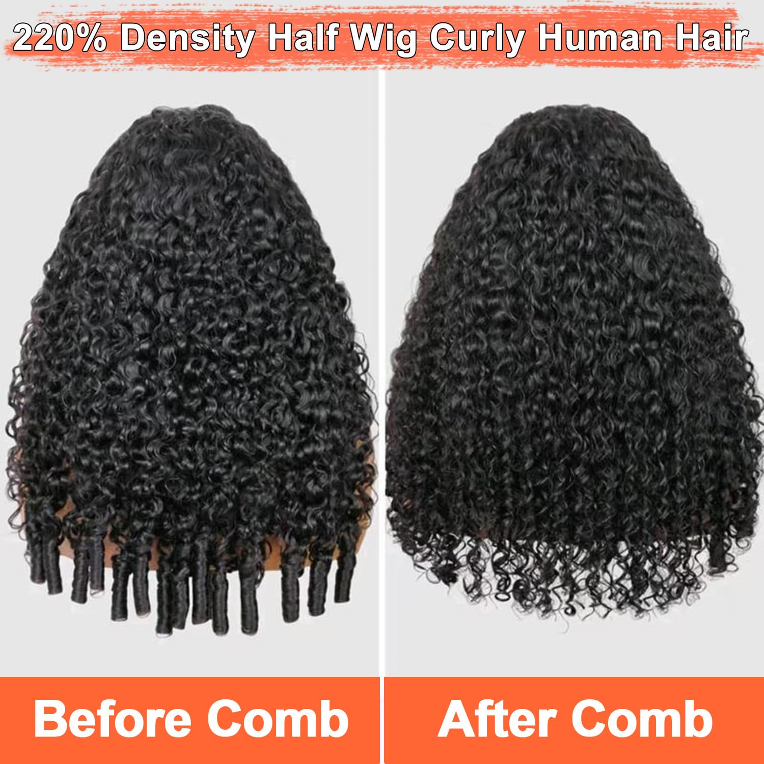 HOT STAR 220% Density 18 Inch Burmese Curly Half Wigs, 100% Human Hair, [2-Year Life, 195g], 3-In-1 Seamless Clip Ins Flip Over Glueless Wigs, Wear and Go Curly Half Wigs with Drawstring for Women