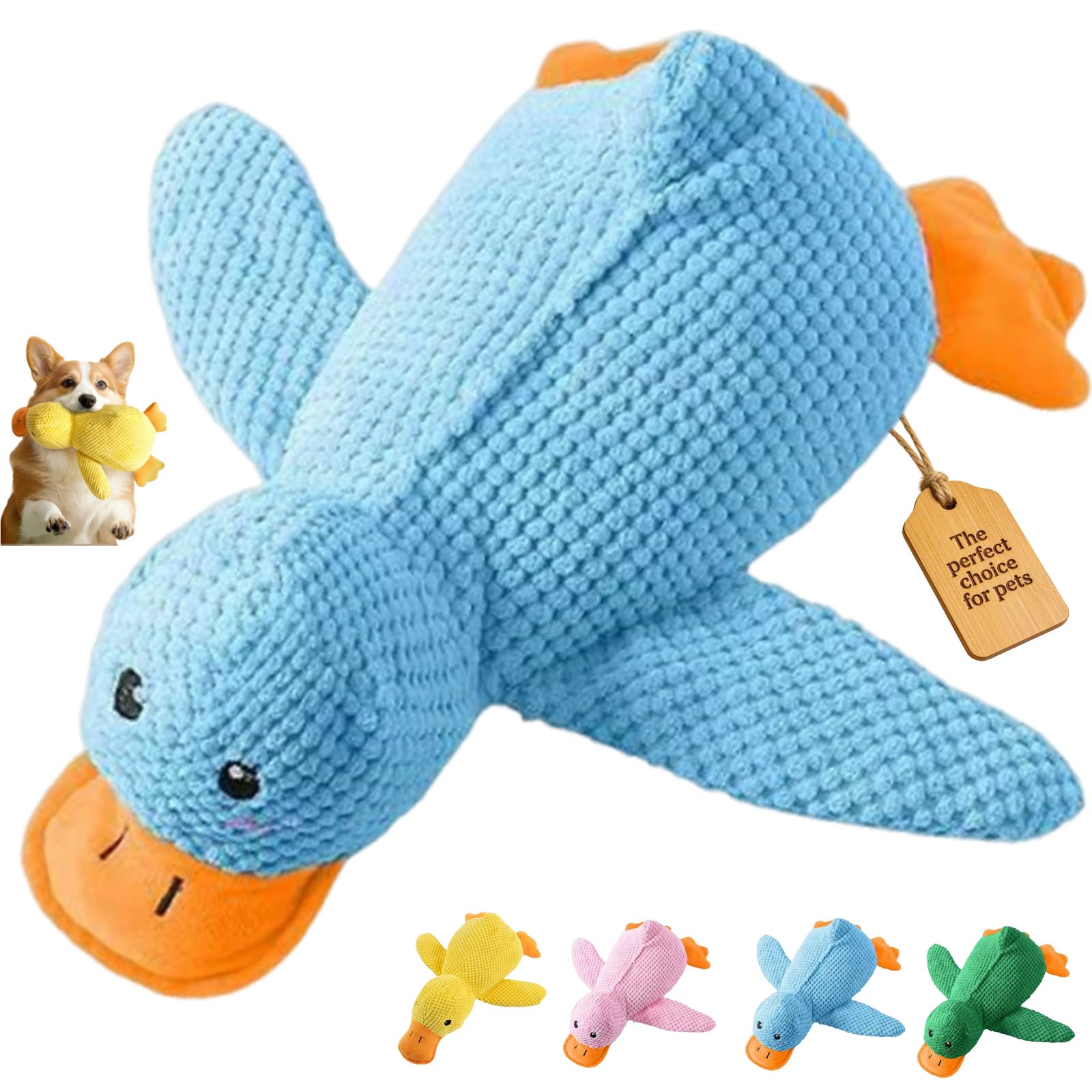 2026 New Calming Duck Toy for Dogs, Interactive Quacking Dog Toy with Quack Sound and Crinkle, Soft Plush Durable, Chew Doll with Squeaker for Pets Indoor and Outdoor (Blue, M: 32 * 28CM)