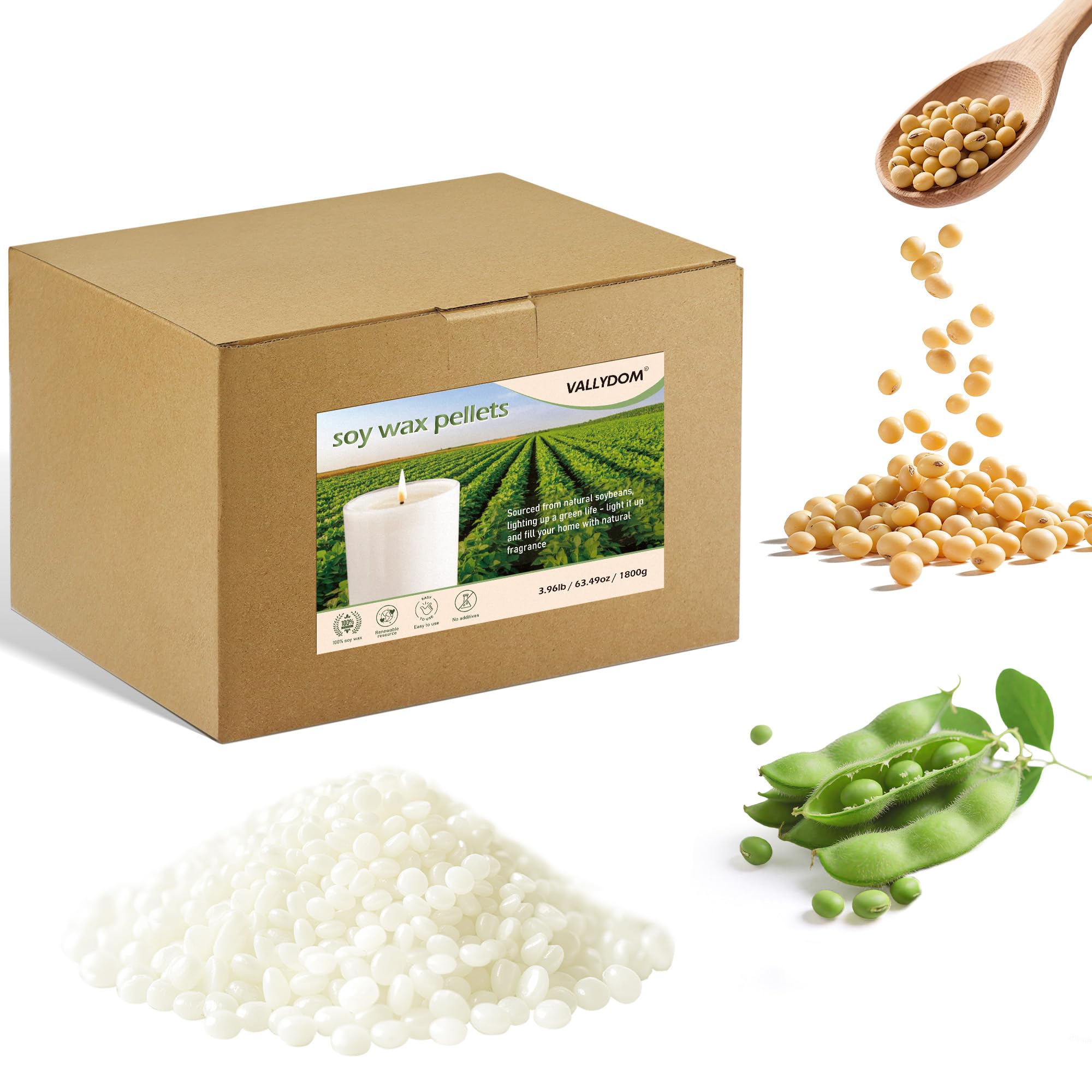 VALLYDOM 1.8KG Soy Wax for Candle Making: Pure Soy Wax Pellets, Organic, No Additives, Long Burn Time, Perfect for Scented Candles, Tealights, Craft Candles & More
