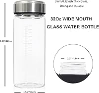 Vista 2 de Botella de agua de vidrio de boca ancha de 32 onzas, botella agitadora de vidrio de gran capacidad, botellas de jugo de vidrio reutilizables