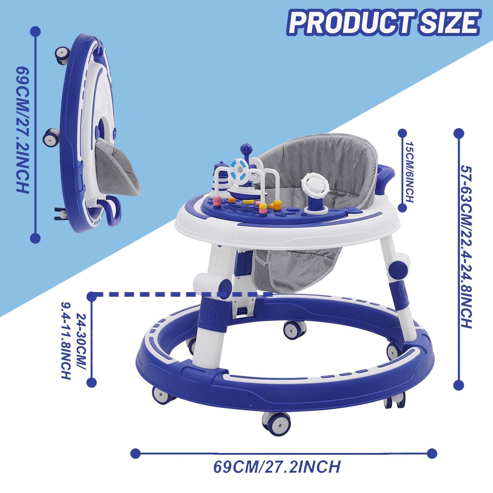 5 w 1 chodzik Baby Walker, z regulacją wysokości, składane, 360°, z muzyką i zdejmowaną tacą, nadaje się dla dzieci od 6 miesięcy