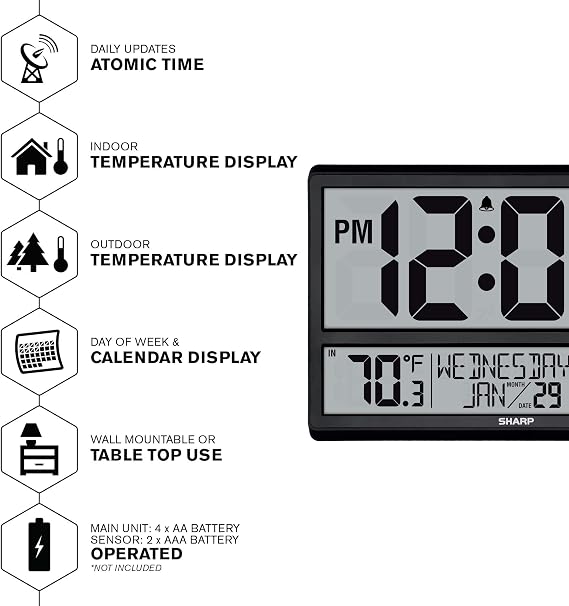Sharp Atomic Clock - Never Needs Setting! Easy to Read Numbers - Indoor/Outdoor Temperature, Wireless Outdoor Sensor - Battery Powered - Easy Set-Up (4 Numbers)