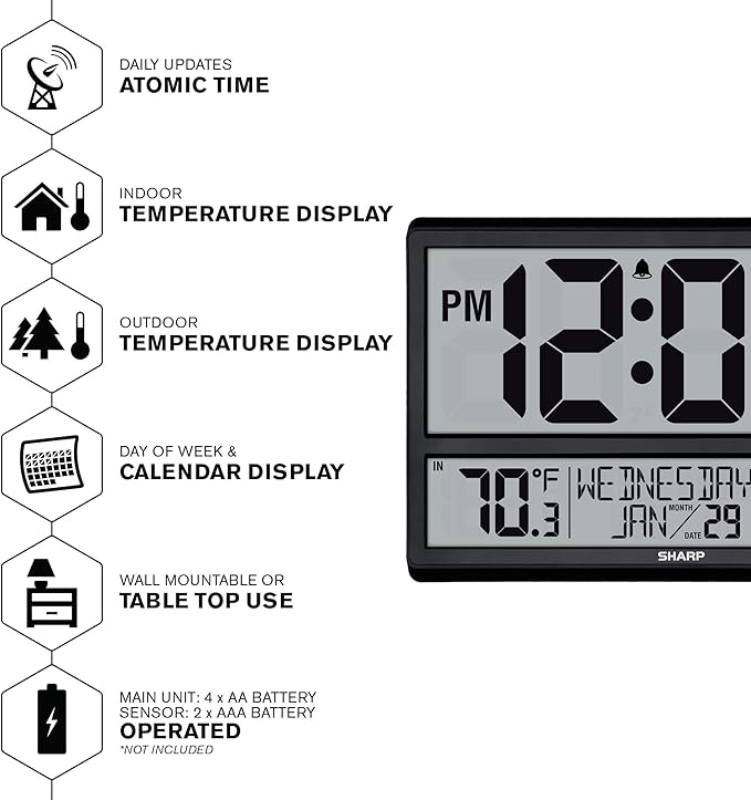 Sharp Reloj Atómico Digital 4 Pulgadas Temperatura Interior/Exterior miniatura 4