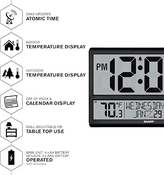 Sharp Atomic Clock - Never Needs Setting! Easy to Read Numbers - Indoor/Outdoor Temperature, Wireless Outdoor Sensor - Battery Powered - Easy Set-Up (4 Numbers)