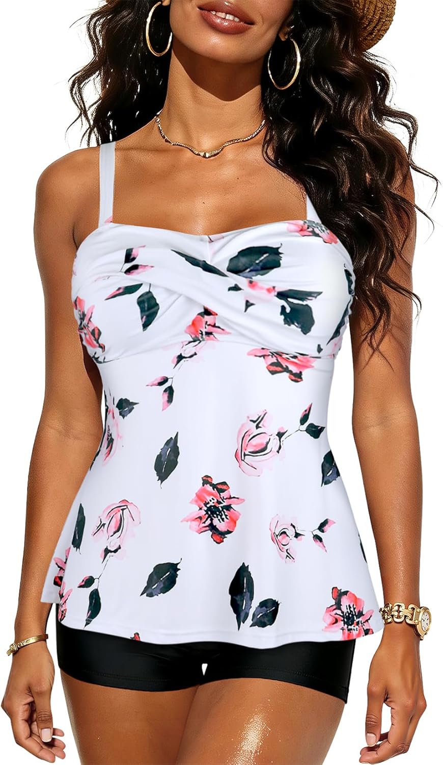 Century Star Women's Tummy Control Tankini Swimsuits,Chest Ruched Two Piece Tankini Bathing Suit Tops Boyshorts Swimwear