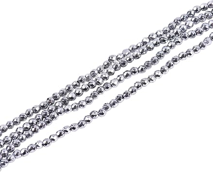 LiQunSweet 2mm Electroplate Non-Magnetic Synthetic Hematite Loose Tiny Ball Beads Strands Faceted Round Platinum Plated for Beadwork Jewelry Making - 16 Inch