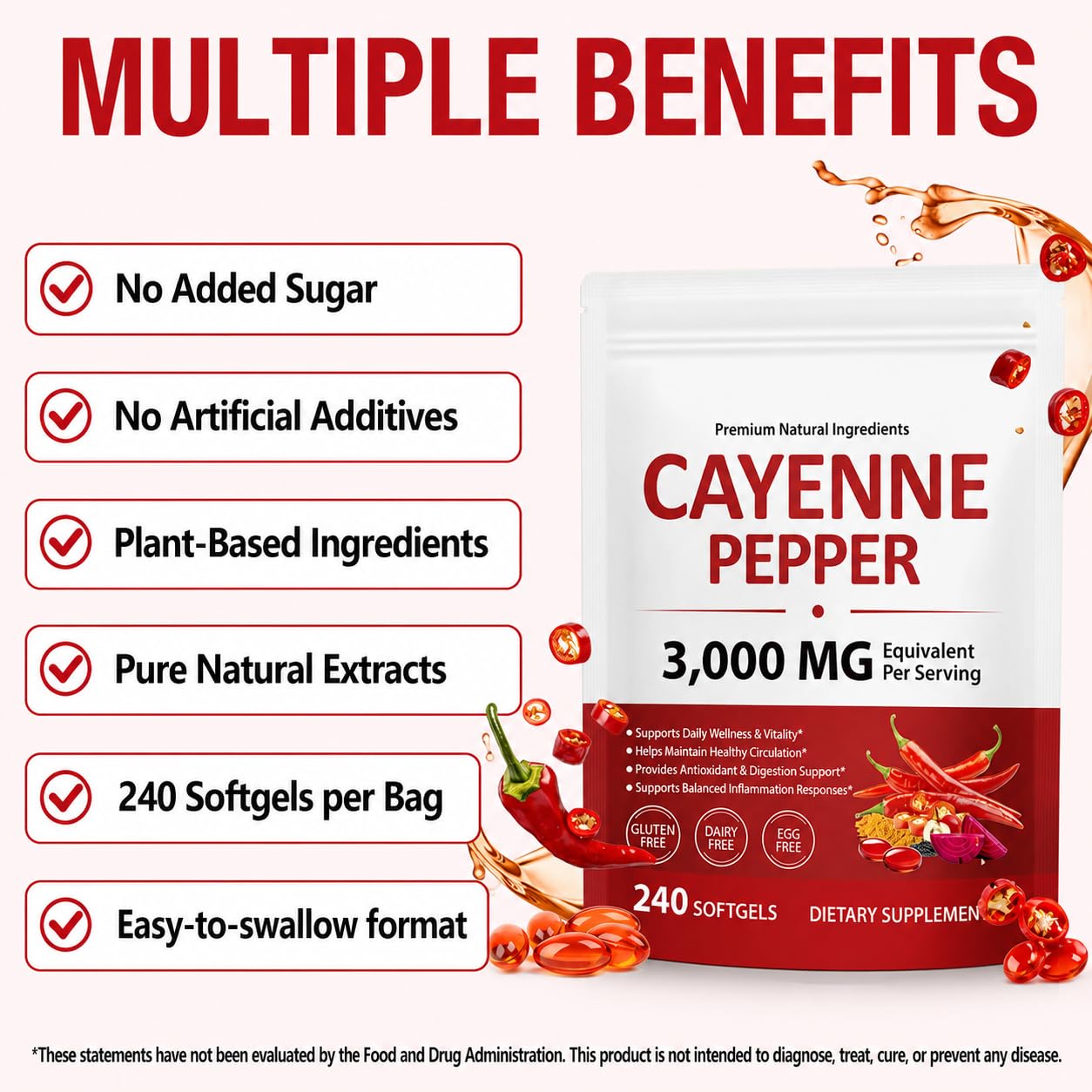 Cayenne Pepper Softgels Supplement, 12-in-1 per Serving Rich with Vitamins D3, K2 & E and Extracts of Grape Seed, Hawthorn, Beetroot, Supports Healthy Circulation & Daily Energy- 240 Softgels — Amazon image 3