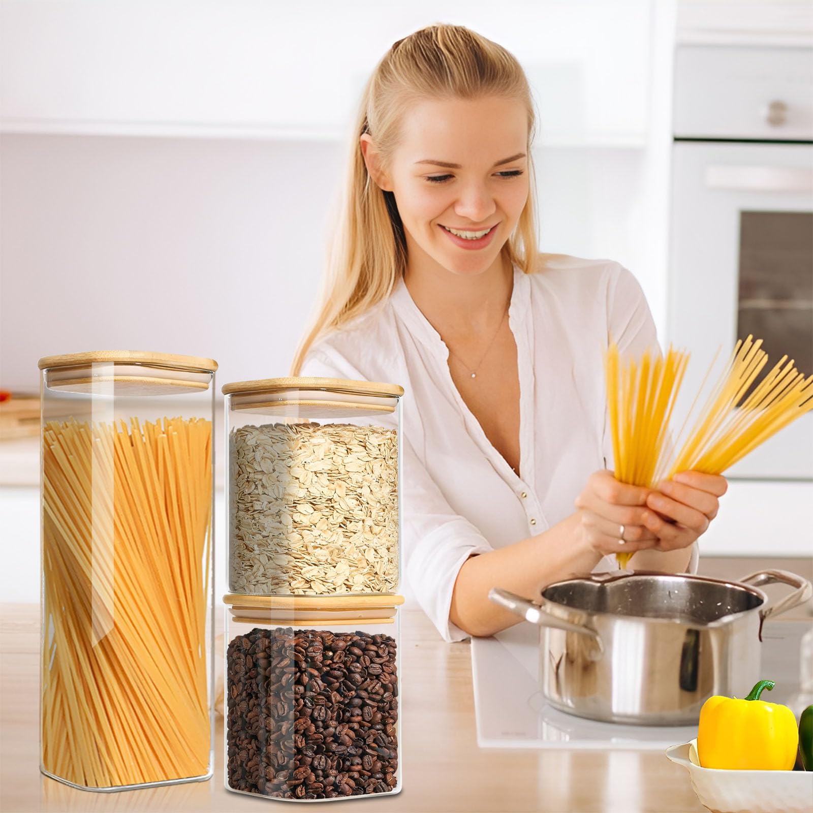 VIEWELLD Frischhaltedosen mit luftdichten Bambusdeckeln 5er Set, Glasdosen mit luftdichten Deckeln, Glas Frischhaltedosen für Nudeln, Hafer, Kaffee, Mehl, Zucker, am besten für Küche, quadratisch