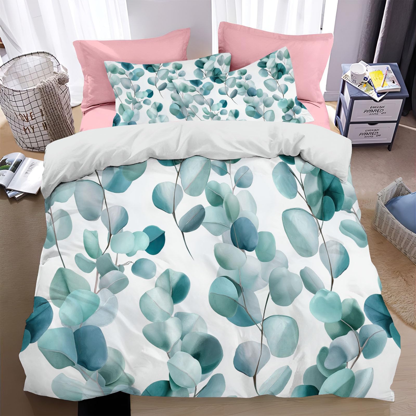 Housse couette 220x240cm microfibre premium au motif eucalyptus artistique