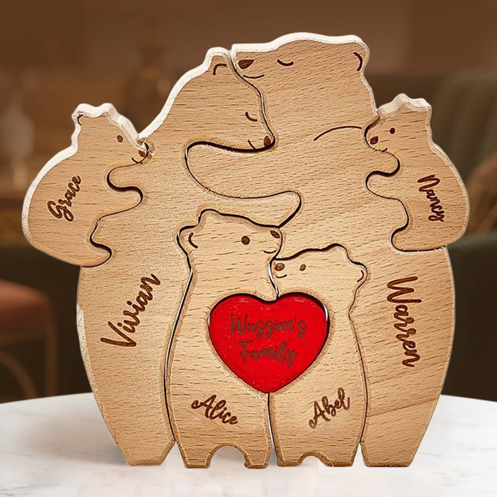 Personalised Wooden Bear Puzzle 1-8 Family Name, Custom Family Name Sculpture - Ideal for Christmas, Birthdays, Housewarming - Wooden Decor Mothers Fathers Day Birthday Gifts for Mum Dad Step Dad