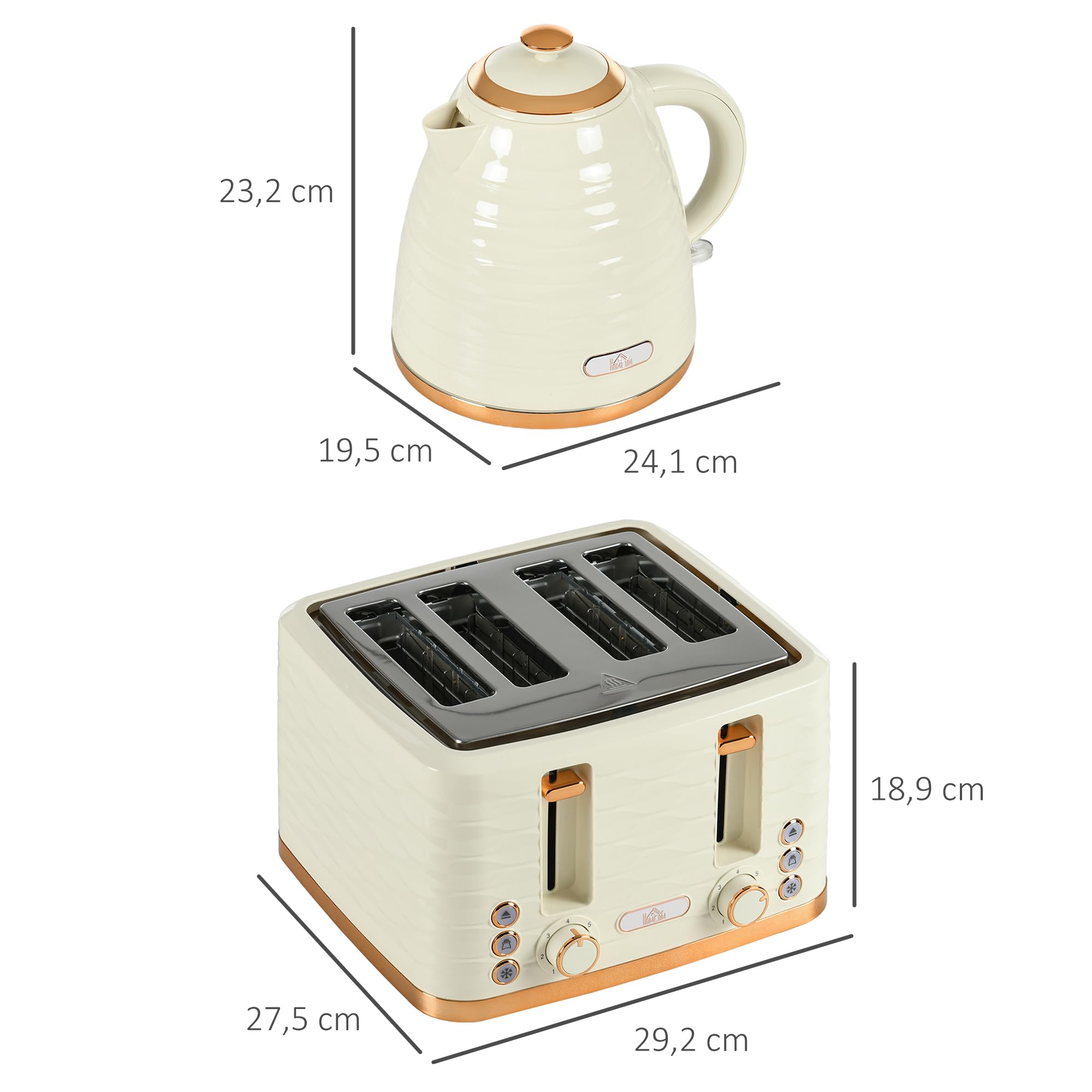 HOMCOM Zestaw śniadaniowy z czajnikiem 1,7L i tosterem na 4 kromki, 2200 W, 7 stopni opiekania, funkcje rozmrażania, podgrzewania i szuflada na okruchy, termostat Otter, kolor beżowy