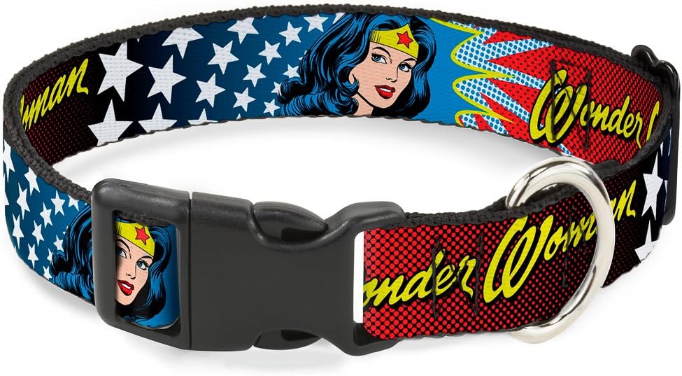 Buckle-Down Plastic Clip Collar - Wonder Woman Face w/Stars - 1.5" Wide - Fits 18-32" Neck - Large