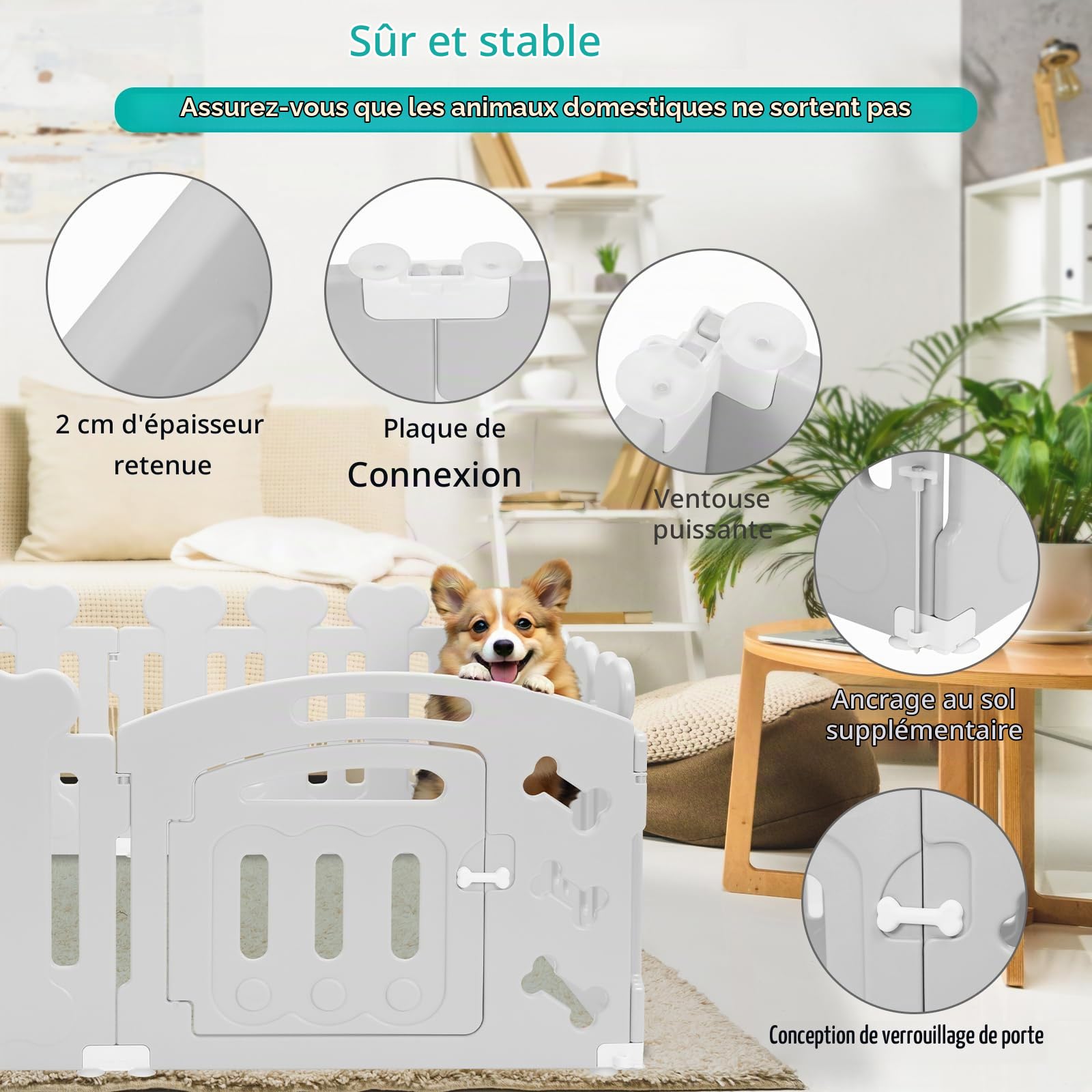 MAMIZO Parc pour Chien 60 cm Haut, Plastique Parc Chien 7+1 PCS Panneaux, Parc Chiot Pliable avec Portail, avec ventouses et ancrages au Sol, Enclos pour Chat et Lapin Interieur Extérieur, Gris | Parc Chiot Pliable avec Portail, avec ventouses et ancrages