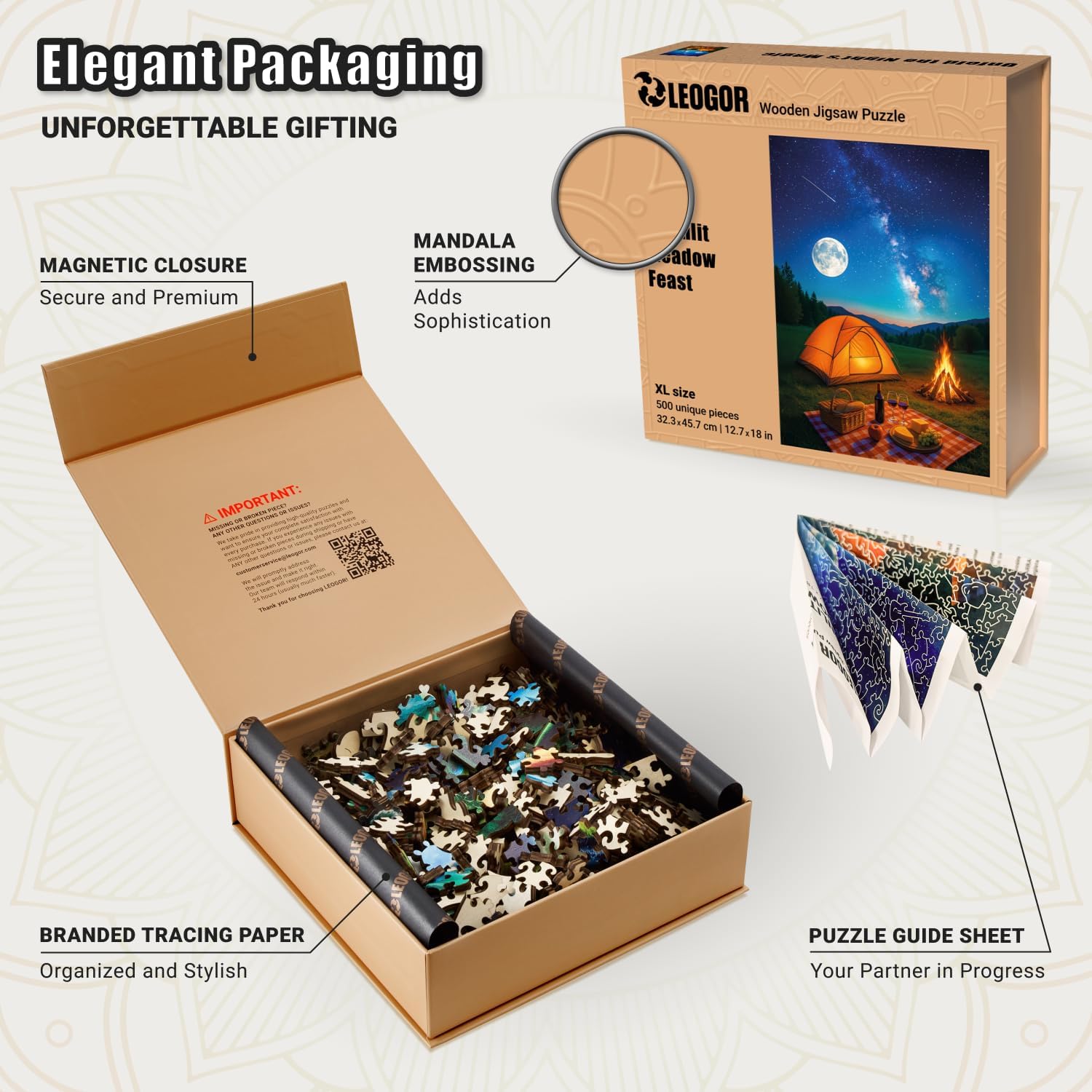 LEOGOR Wooden Puzzles for Adults 500 Pieces (12.7 × 18 in), Moonlit Meadow Feast Puzzle, Extra-Thick 5 mm Wood, Unique Night Sky Design, Challenging Brain Teaser Gift for Adults
