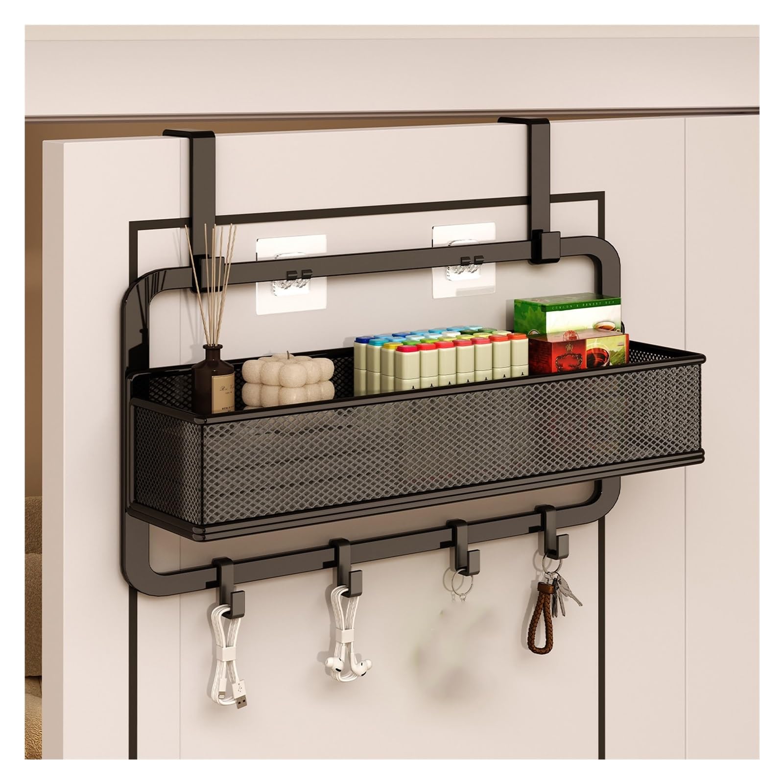 Organizzatore per Porta dispensa a 1/2/3 Livelli, in Metallo, da Appendere, con cestini e Gancio Appendiabiti Regolabile, per Bagno e Camera da Letto (1 Livello)