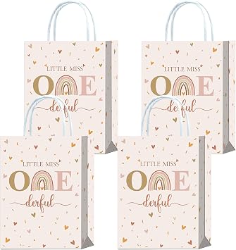 Brattol 16 Pcs Little Miss Onederful Boho Birthday Decorations - Durable Kraft Goodie Bags with Handle - Isnt She Onederful 1st Birthday Gift Bags