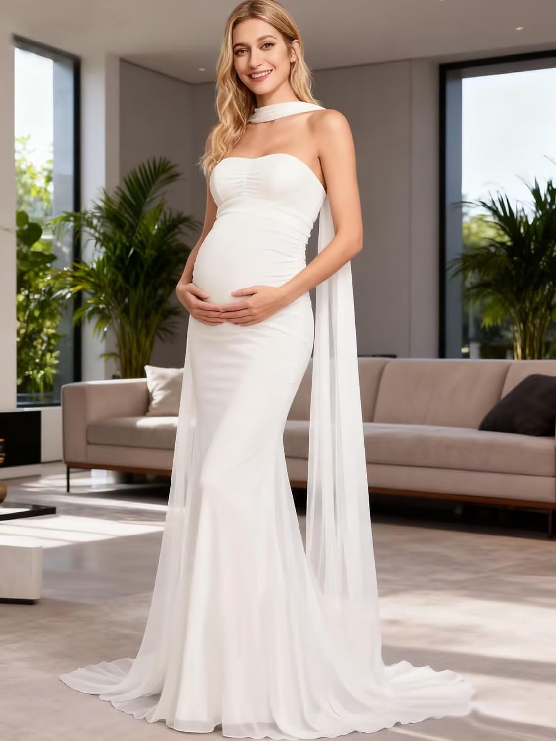 Chiffon Maternity Dresses for Photoshoot Mermaid Pregnancy Gowns Sweetheart Long Baby Shower Dress with Scarf