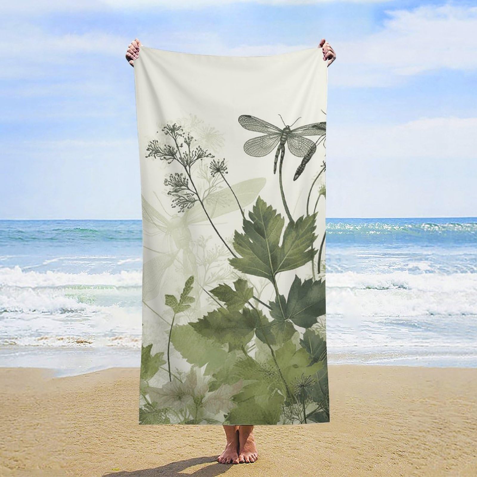 NTVOWPZO Foliage and Herbs with Dragonflies Winged Beach Towel Oversized Microfiber Bath Towels Lightweight Sand Proof Beach Towels Absorbent Pool Towels for Swimming Yoga Bathroom Towel 31.5" X 63"