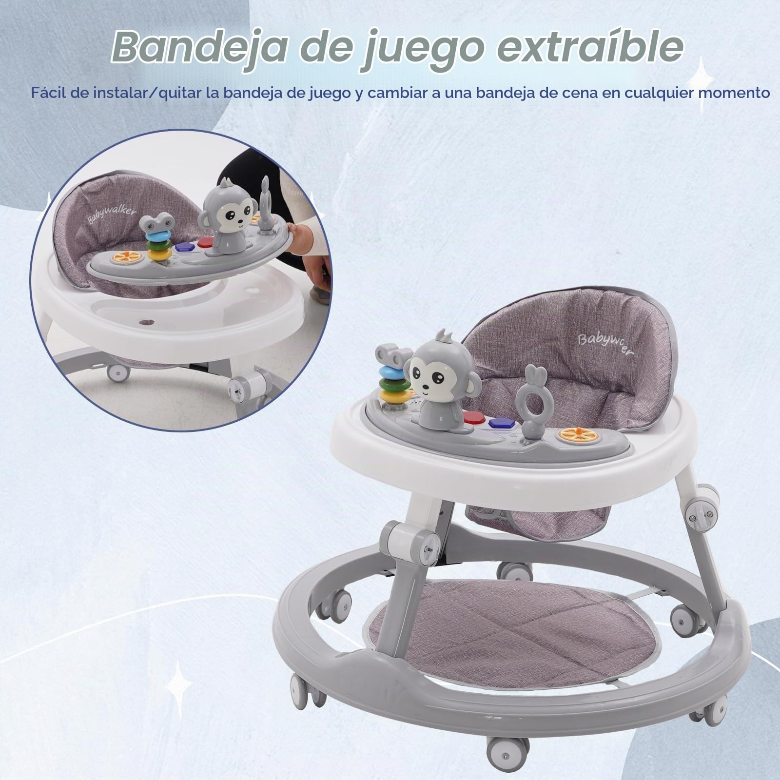 Andador para bebés a prueba de vuelcos Andador de plástico aprendizaje Montessori aprendizaje musical 4 en 1 juguete para exteriores andador ayuda para caminar gris
