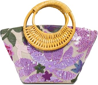 Womens Tote Bag Floral Sequin Embroidered, Flax Linen, Bamboo Handle, Boho Vintage, Large, Beach/Travel/Vacation