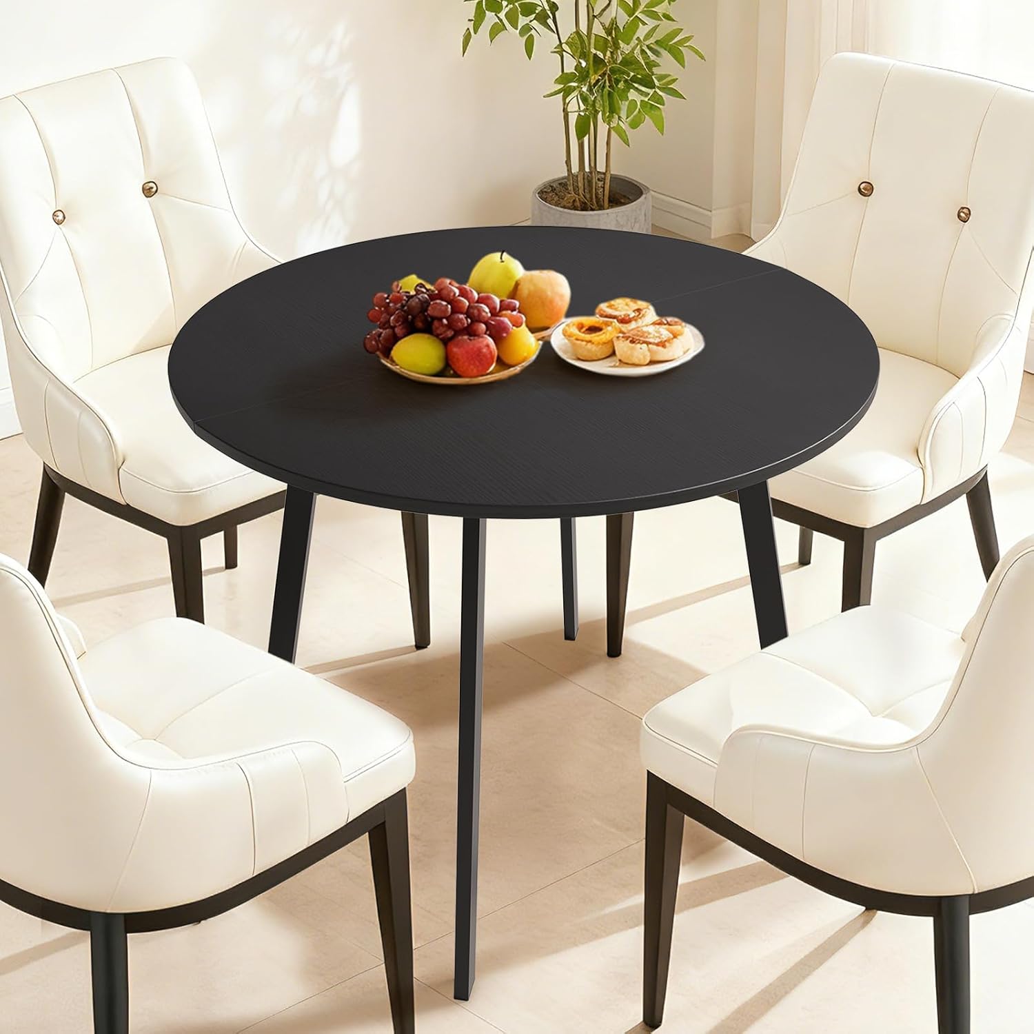 VINGLI Round Dining Table for 2-4, 35in Modern Dining Room Table with Metal Base, Black Wooden Kitchen Table, Space-Saving, Small Space Circle Dinette for Home, Kitchen, Apartment