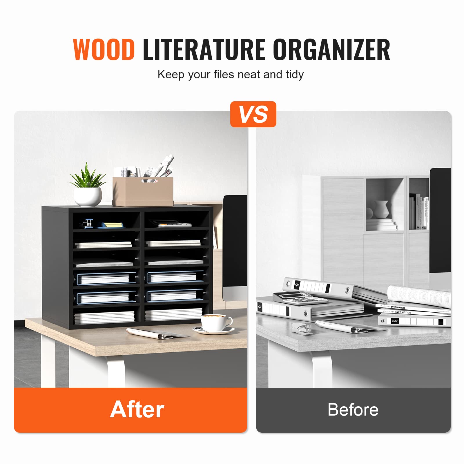 VEVOR Organizador de Literatura de madera Aglomerado Estante de Almacenamiento de Documentos de 12 Compartimentos 52x30,5x41 cm Clasificador de Literatura con Estantes Ajustables para Oficina, Negro