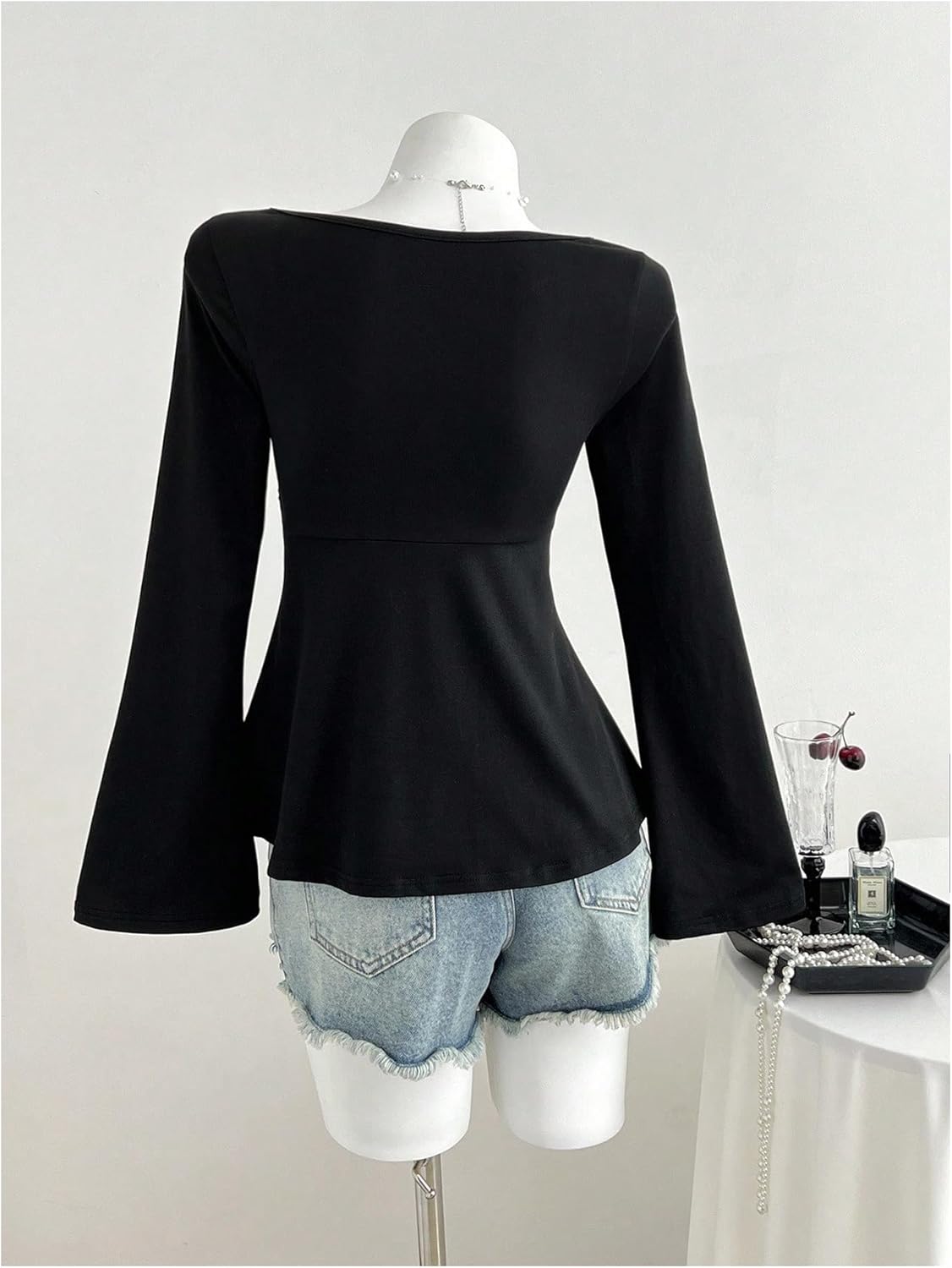 SOLY HUX Women's Long Bell Sleeve Peplum Top Sweetheart Neck T Shirts Tie Front Going Out Tees - Image 3